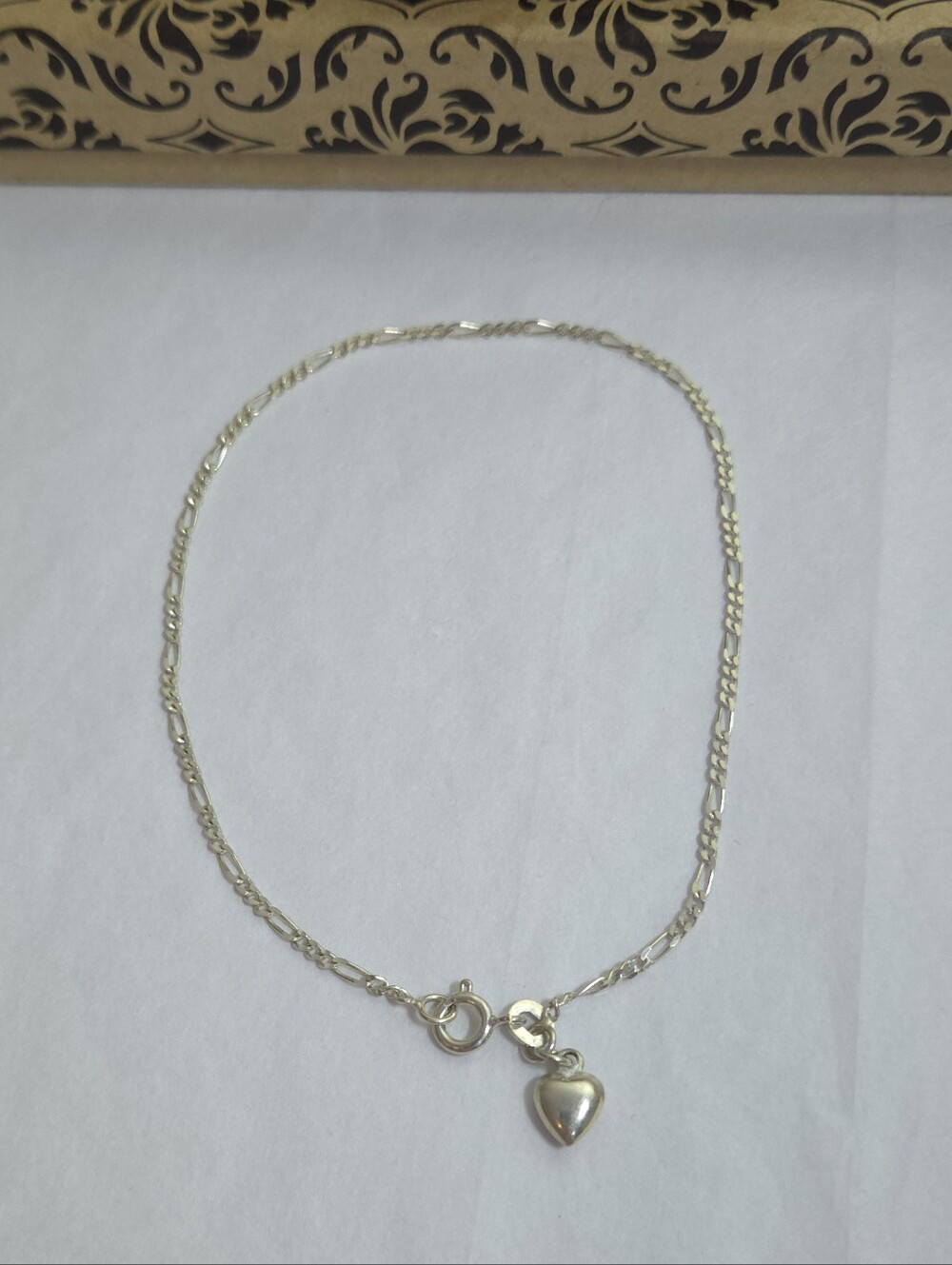 Sterling Silver Diamond Cut Figaro Heart Charm Bracelet Ankle 9" Marked SU 925